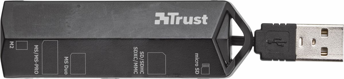 Trust Stello Mini Card Reader, Black картридер17682 Trust Stello Mini Card Reader, Black картридер17682Высокоскоростное устройство для считывания карт памяти очень компактногом дизайна, которое так легко взять с собой. Поддерживает все популярные компактные карты памяти мобильных телефонов и цифровых камер, включая последнее поколение карт SDXC. Короткий кабель USB с возможностью крепления на корпусе устройства для считывания карт памяти занимает минимальное пространство в сумке для портативного компьютера.