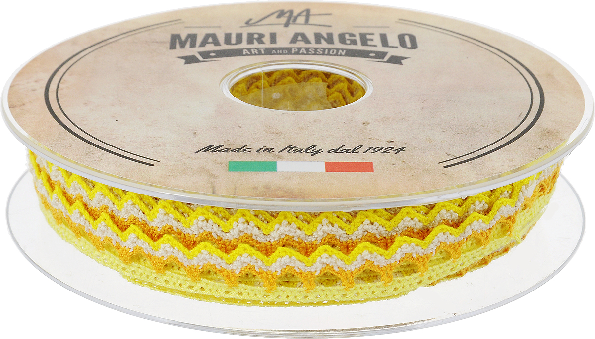 Лента кружевная Mauri Angelo, цвет: желтый, оранжевый, 1,45 см х 20 мMR1451/PL/17_желтый, оранжевый Лента кружевная Mauri Angelo, цвет: желтый, оранжевый, 1,45 см х 20 мMR1451/PL/17_желтый, оранжевыйДекоративная кружевная лента Mauri Angelo - текстильное изделие без тканой основы, в котором ажурный орнамент и изображения образуются в результате переплетения нитей. Кружево применяется для отделки одежды, белья в виде окаймления или вставок, а также в оформлении интерьера, декоративных панно, скатертей, тюлей, покрывал. Главные особенности кружева - воздушность, тонкость, эластичность, узорность.Декоративная кружевная лента Mauri Angelo станет незаменимым элементом в создании рукотворного шедевра. Ширина: 1,45 см.Длина: 20 м.