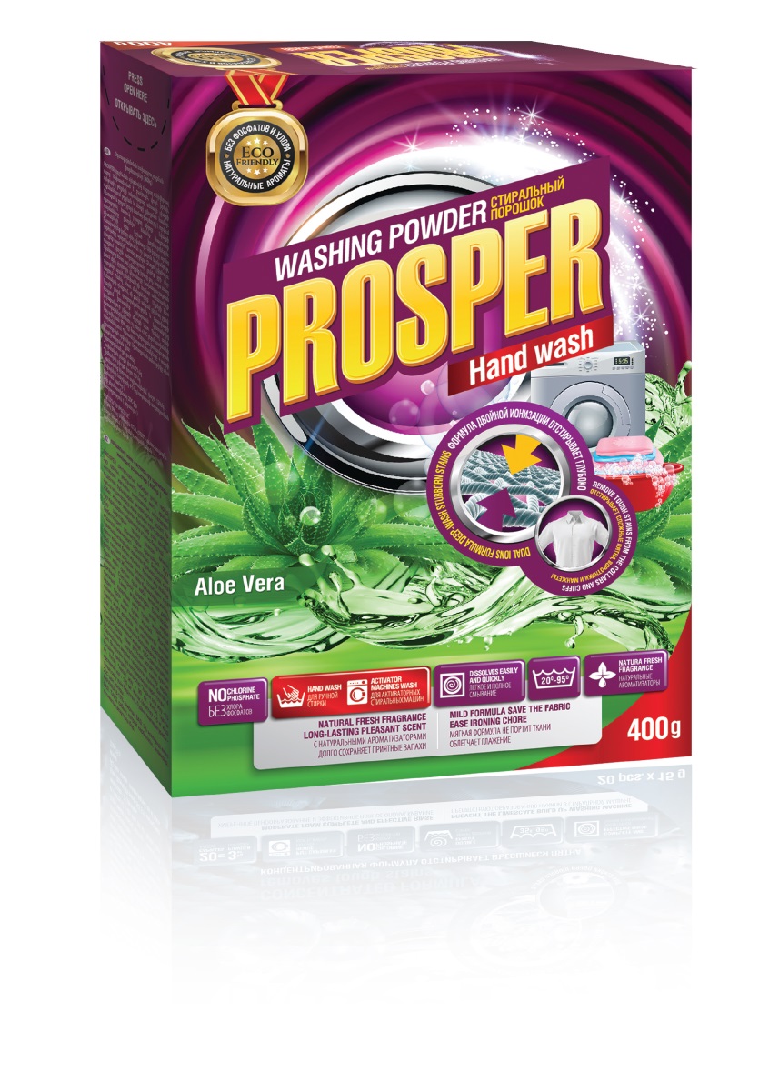 Стиральный порошок для ручной стирки PROSPER Алоэ, концентрированный, 400 г4623721457517 Стиральный порошок для ручной стирки PROSPER Алоэ, концентрированный, 400 г4623721457517Стиральный порошок для ручной стирки PROSPER Алоэ имеет формулу двойной ионизации, которая обеспечивает эффект двойной стирки, позволяет отстирывать въевшиеся и застарелые пятна. - Благодаря особому сочетанию энзимов качественно удаляет даже самые трудновыводимые загрязнения, отстирывает воротники и манжеты.- Не содержит фосфатов и хлора, не вызывают аллергии и раздражения, безопасны для окружающей среды.- Легко смывается, не оставляя осадка, раздражающего кожу.- Содержит натуральные ароматизаторы, полностью удаляет неприятные запахи и придает тканям легкий цитрусовый аромат.- Предназначен для ручной стирки и использования в машинах активаторного типа.