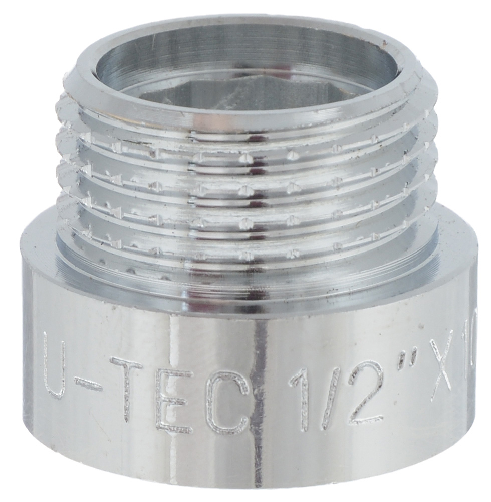 Гайка удлинительная U-tec, хpом, 1/2, 10 мм34863 Гайка удлинительная U-tec, хpом, 1/2, 10 мм34863Удлинительная гайка U-tec с внутренней резьбой 1/2 дюйма и внешней на 10 мм используется в качестве соединительного элемента при состыковке металлических труб с внутренней и внешней резьбой. Изделие предназначено для того, чтобы смонтировать в квартире отопление, системы ГВС и ХВС без применения сварки.