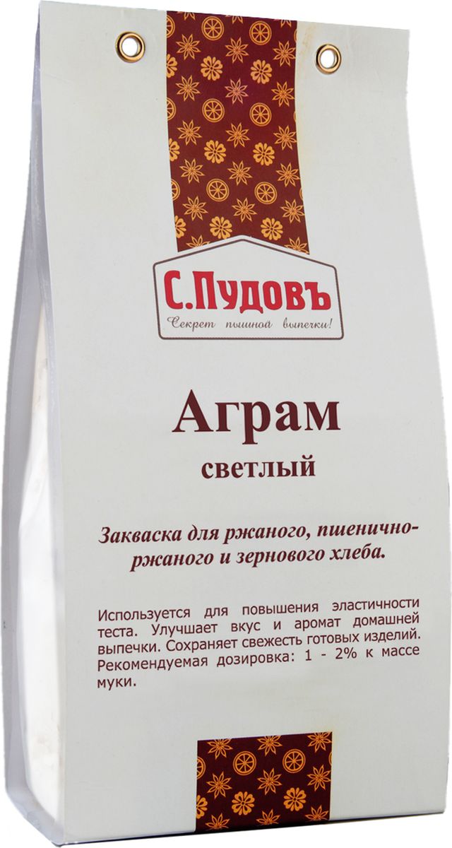 Пудовъ аграм светлый, 250 г4607012293275 Пудовъ аграм светлый, 250 г4607012293275Аграм светлый используется для повышения эластичности теста. Улучшает вкус и аромат домашней выпечки. Сохраняет свежесть готовых изделий. Рекомендуемая дозировка - 1-2% к массе муки.