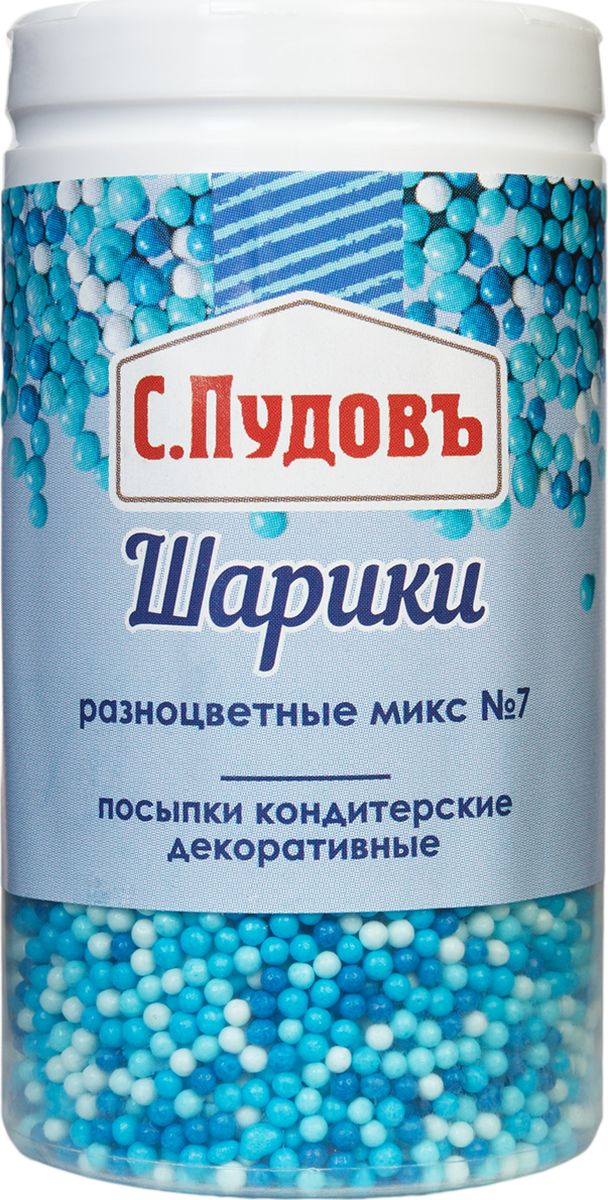 Пудовъ посыпки шарики разноцветные микс №7, 40 г4607012296023 Пудовъ посыпки шарики разноцветные микс №7, 40 г4607012296023Посыпка в виде шариков голубого, синего и белого цветов идеально подходит для украшения кондитерских изделий и создания праздничного настроения.