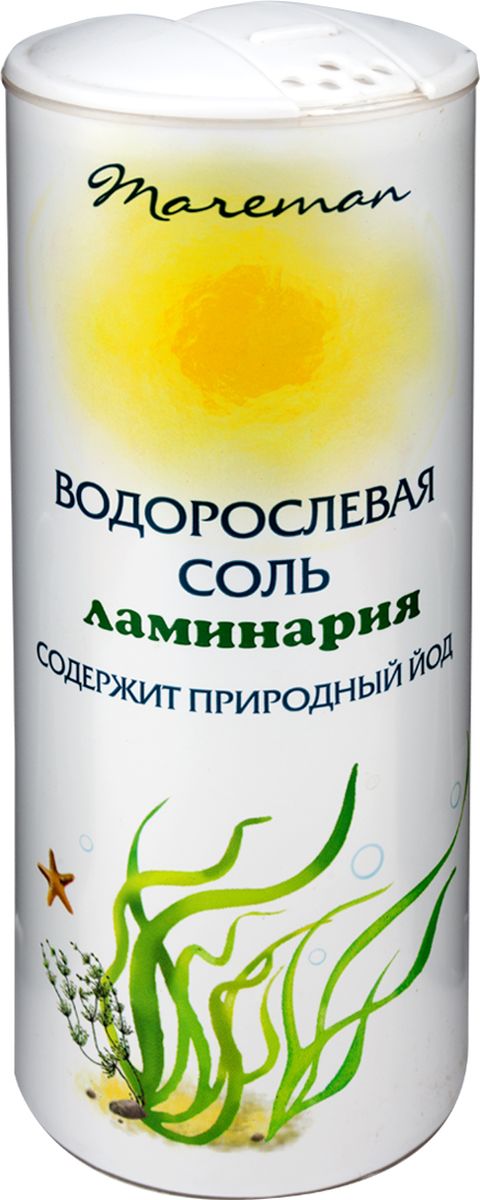 Mareman водорослевая соль ламинария, 150 г4607012295224 Mareman водорослевая соль ламинария, 150 г4607012295224Водорослевая соль – ламинария или водоросли морские, именуемые также морской капустой, представляют собой 100% натуральный продукт. Водорослевая соль естественным путем восполняет недостаток йода в организме человека, содержит йод в органической форме, является природным источником микроэлементов и витаминов.