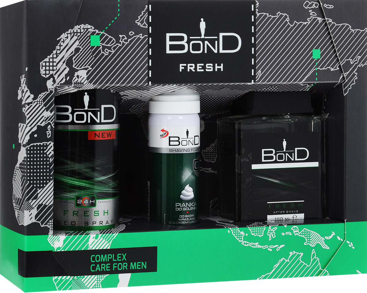 Bond Мужской Подарочный Набор Fresh (дезодорант DEO 150 мл + лосьон после бритья AS 100 ML+ пена для бритья PDG 50 ML)5901501015973 Bond Мужской Подарочный Набор Fresh (дезодорант DEO 150 мл + лосьон после бритья AS 100 ML+ пена для бритья PDG 50 ML)5901501015973Линия создана для того, чтобы обеспечить мужчинам длительное ощущение свежести и комфорта. Поэтому косметика этой серии содержит освежающий экстракт Алоэ Вера, который увлажняет и питает кожу. Запах: Сочетание композиции, освежающих цитрусов с древесными нотамиКосметика серии Bond были разработаны с мыслью о специфических требованиях мужской кожи. Их характеризует повышенная эффективность и удобство использования. Отличает инновационная формула, натуральные компоненты и, прежде всего, мужественный, классический аромат, который сохраняется на коже до 24 часов.