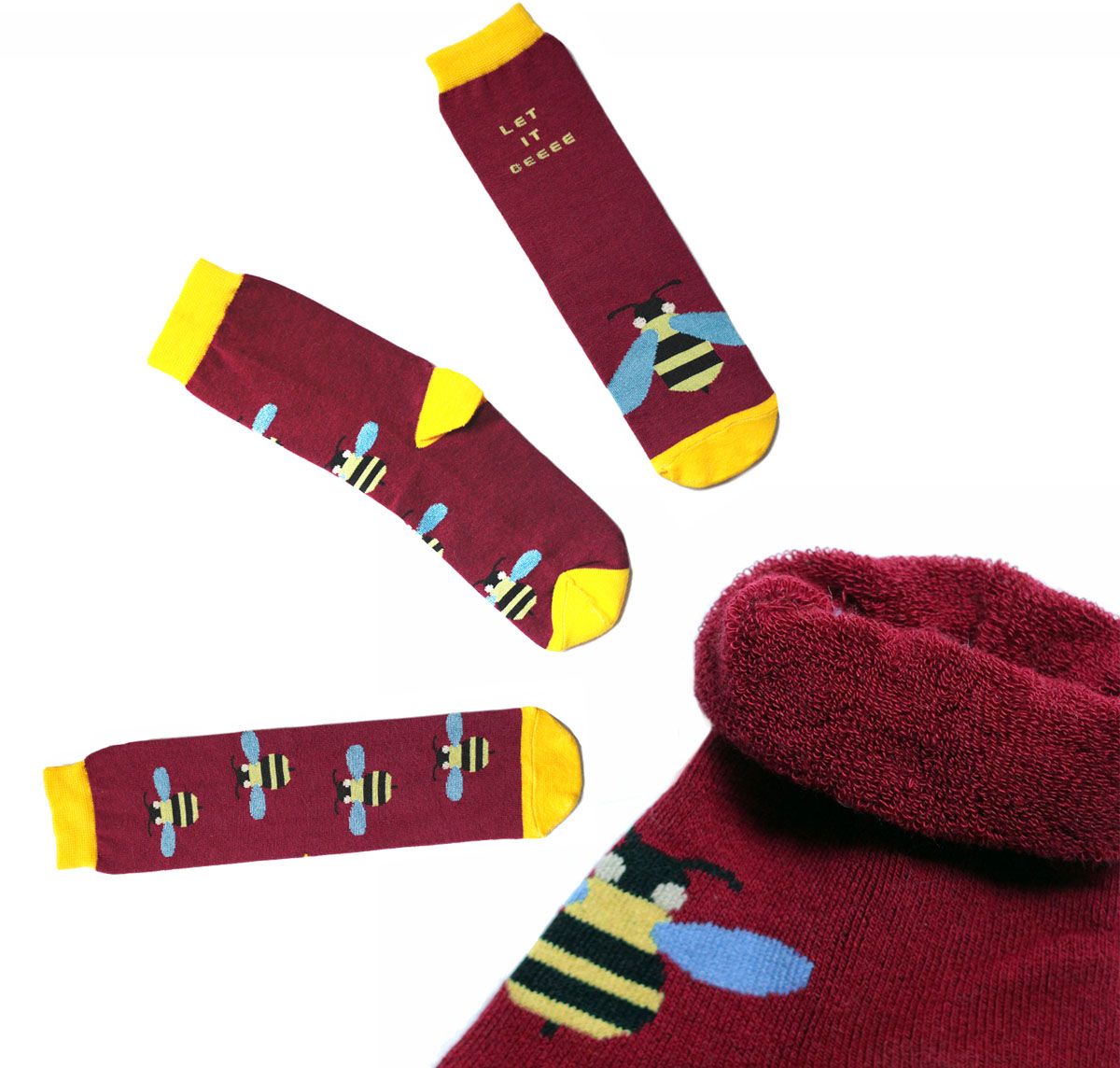 Носки женские Big Bang Socks, махровые, цвет: бордовый, желтый. ca11023. Размер 35/39ca11023/ca11033 Носки женские Big Bang Socks, махровые, цвет: бордовый, желтый. ca11023. Размер 35/39ca11023/ca11033Женский махровые носки Big Bang Socks изготовлены из высококачественного хлопка с добавлением полиамидных и эластановых волокон, которые обеспечивают великолепную посадку.Удобная резинка идеально облегает ногу и не пережимает сосуды, а удлиненный паголенок придает более эстетичный вид. Мысок и пятка усилены. Модель оформлена принтом с изображением ос и надписью Let it beeee.