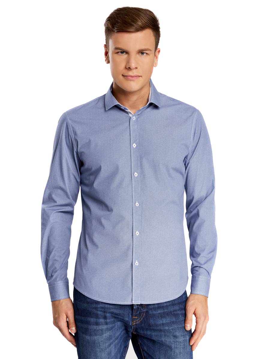 Рубашка мужская oodji, цвет: белый, синий. 3L110202M/19370N/1075G. Размер 38 (44-182)