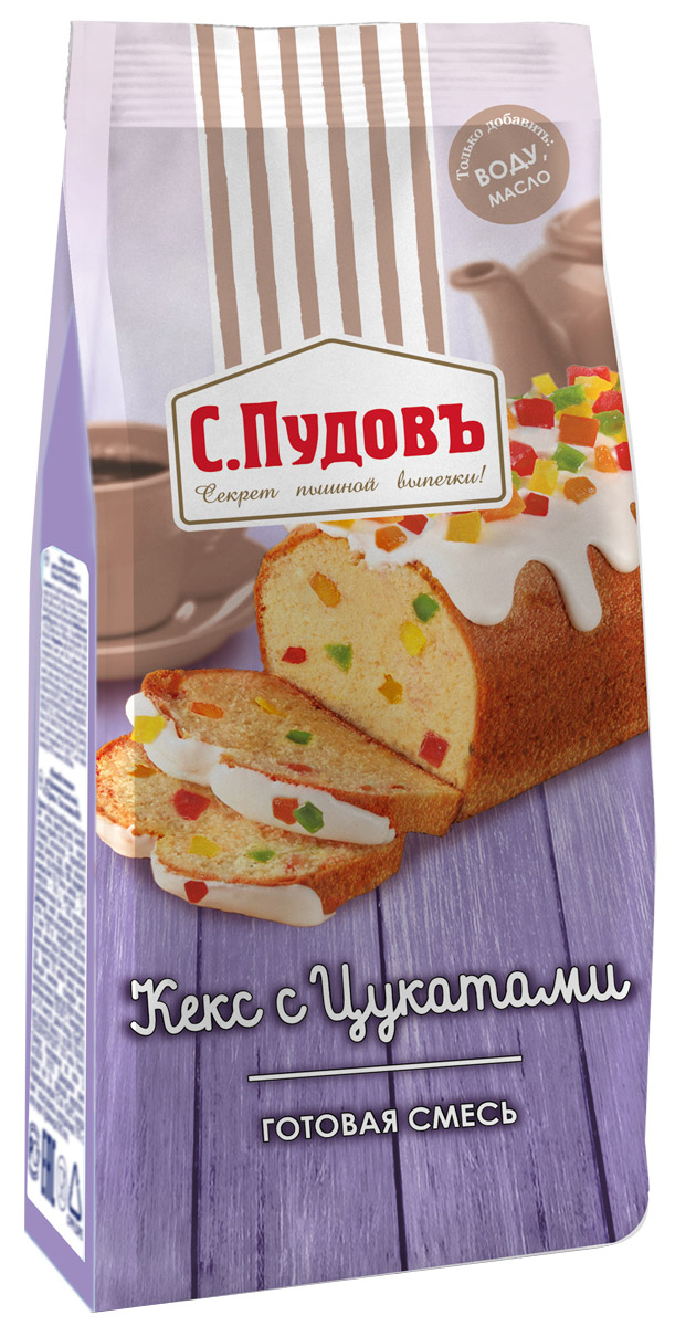 Пудовъ кекс с цукатами, 400 г4607012294395 Пудовъ кекс с цукатами, 400 г4607012294395Кекс с цукатами – это десерт, который можно приготовить как к повседневной трапезе, так и к приходу гостей. Кусочки фруктов придают выпечке особенный вкус и аромат.