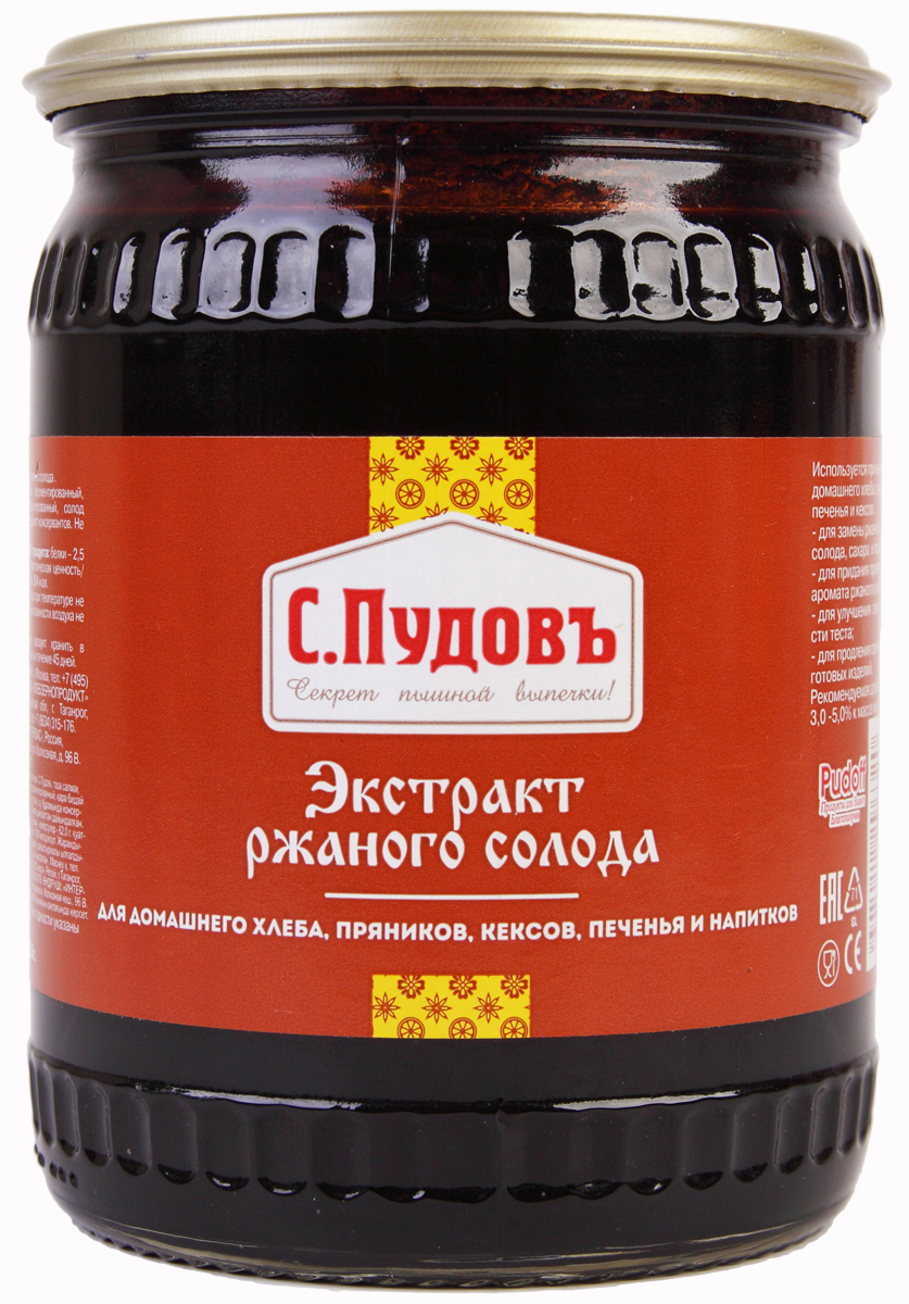 Пудовъ экстракт ржаного солода, 650 г4607012296320 Пудовъ экстракт ржаного солода, 650 г4607012296320Экстракт ржаного солода С. Пудовъ используется при выпечке домашнего хлеба, пряников, печенья и кексов: для замены ржаного солода, сахара и патоки; для придания приятного аромата ржаного солода; для улучшения эластичности теста; для продления свежести готовых изделий.Рекомендуемая дозировка: 3,0-5,0% к массе муки.