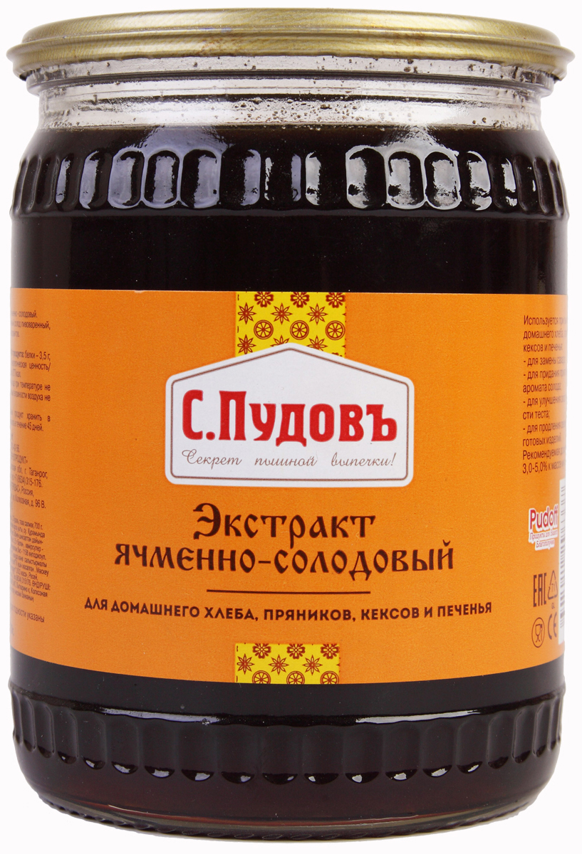 Пудовъ экстракт ячменно-солодовый, 700 г4607012296337 Пудовъ экстракт ячменно-солодовый, 700 г4607012296337Экстракт ячменно-солодовый используется при выпечке домашних изделий: хлеба, пряников, кексов и печенья из пшеничной и ржаной муки и их смеси. Он придает изделиям приятный аромат солода, сбалансированную естественную сладость, натуральный вкус и аромат, позволяет получить более нежный мякиш и вместе с тем увеличить сроки хранения продуктов. Позволяет заменить сахар и сахарные сиропы в хлебобулочных изделиях, улучшает качество и свойства теста. Рекомендуемая дозировка: 3,0-5,0% к массе муки.