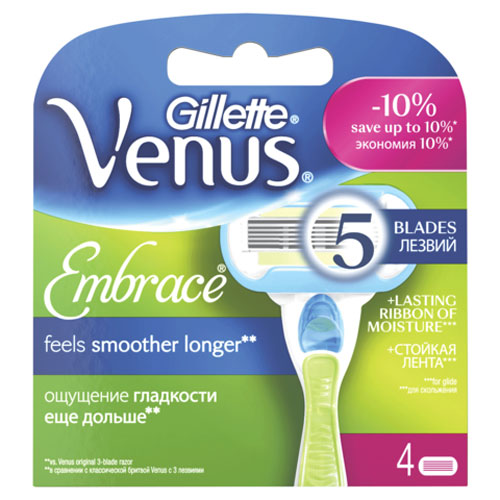 Venus Embrace Сменные кассеты для бритья , 4 шт.VNS-75051584 Venus Embrace Сменные кассеты для бритья , 4 шт.VNS-75051584Почувствуй себя богиней! 5 лезвий для потрясающей гладкости! Сменные кассеты Venus Embrace с 5 лезвиями: удаляют волосок за волоском, делая кожу потрясающе гладкой. - 5 лезвий для безупречно гладкого сбриванияПовторяют каждый изгиб тела для потрясающей гладкости кожи. - Лента для лучшего скольженияДарит невероятно легкое и гладкое скольжение. - Увлажняющая полоскаОбеспечивает плавное скольжение , увлажняет и помогает защитить кожуво время бритья. - МикрогребниПриподнимают волоски, защищают кожу от порезов, обеспечивая болеекомфортное бритье. - Все сменные кассеты Venus подходят ко всем бритвам Venus.Срок хранения - 5 лет. Страна производства - США. Характеристики: Комплектация: 4 кассеты. Производитель: США. Артикул: 95845490. Товар сертифицирован.