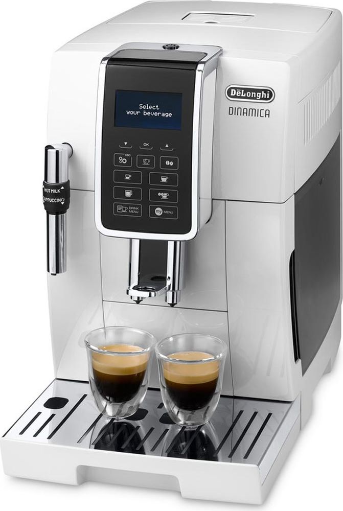 DeLonghi Dinamica ECAM 350.35.W кофемашина0132220018 DeLonghi Dinamica ECAM 350.35.W кофемашина0132220018Кофемашина DeLonghi Dinamica ECAM 350.35.W оборудована интуитивной панелью управления с LCD дисплеем и тактильными кнопками. Благодаря функции My Menu можно составить специальное меню напитков, которое легко настраивать и сохранять в памяти устройства. Для удобства эксплуатации предусмотрена возможность приготовление кофе как из целых, так и молотых зерен.Регулировка дозатора под высоту чашки (мин/макс): 84 мм / 135 ммПрограммирование жесткости водыЕмкость контейнера для зерен: 300 гЕмкость контейнера для кофейной гущи: 14 порцийАвтоматическая программа промывки и ополаскиванияДекальцинация