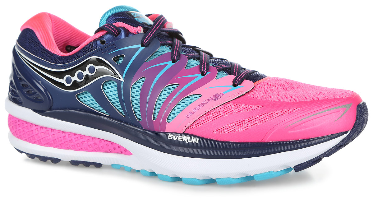 Кроссовки для бега женские Saucony Hurricane Iso 2, цвет: синий, розовый. S10293-4. Размер 8 (38)S10293-4 Кроссовки для бега женские Saucony Hurricane Iso 2, цвет: синий, розовый. S10293-4. Размер 8 (38)S10293-4Женские кроссовки Hurricane Iso 2 от Saucony разработаны специально для бега.Верх выполнен из дышащего текстиля со вставками из искусственной кожи и термополиуретана. Верх с технологией Isofit обеспечивает надежную и максимально удобную поддержку ноги. Материал подкладки, выполненный по технологии Rundry, и вставки из сетки эффективно отводят влагу.Стелька из EVA с текстильной поверхностью комфортна при беге. Шнуровка надежно фиксирует модель на ноге.Технология Everun обеспечивает амортизацию в пяточной части и уменьшаетнагрузку на переднюю часть стопы при отталкивании.Подошва с системой Pwrgrid+ разработана на базе технологии PowerGrid: материал Powerfoam интегрирован с технологией Grid, что позволяет оптимально поглощать нагрузки и распределять давление. Система Pwrgrid+ обеспечивает увеличение амортизации более чем на 20% и более чем на 15% устойчивости, чем предыдущая система PowerGrid, результатом чего являются наиболее комфортные ощущения при беге.Специальный рисунок протектора и подошва XT-900 гарантируе оптимальное сцепления с поверхностью.