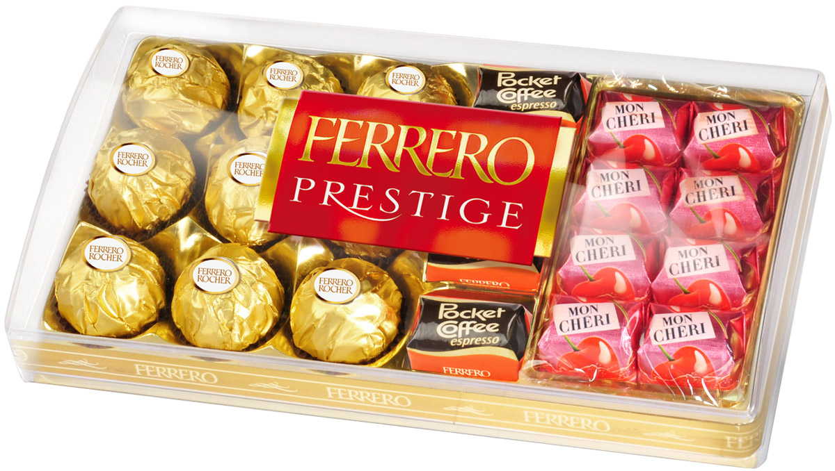 Ferrero Prestige набор конфет: Mon Cheri, Ferrero Rocher, Pocket Coffee Espresso, 246 г77119028/77099220/77084665 Ferrero Prestige набор конфет: Mon Cheri, Ferrero Rocher, Pocket Coffee Espresso, 246 г77119028/77099220/77084665Ferrero Prestige – это коллекция лучших конфет компании Ferrero. Ferrero Rocher, Pocket Coffee (конфета из темного шоколада с настоящим жидким кофе внутри), Ferrero Kusschen и Mon Cheri. Собранные все вместе в элегантной пластиковой упаковке, эти конфеты станут идеальным подарком для людей, которые ценят качество и разнообразие вкусов.