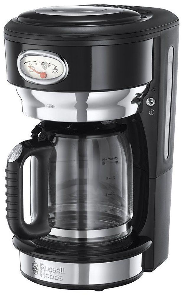 Russell Hobbs Retro 21701-56, Classic Noir кофеварка21701-56 Russell Hobbs Retro 21701-56, Classic Noir кофеварка21701-56Потрясающий дизайн кофеваркиRussell Hobbs Retro 21701-56 станет особо любимым предметом на кухне ценителей кофе. Несмотря на винтажную внешность, эта модель оснащена всеми современными технологиями для качественного приготовления настоящего кофе с превосходным вкусом.В кофеварке используется усовершенствованная система заваривания кофе для улучшенной экстракции кофеина и аромата. Вода впрыскивается в резервуар с молотым кофе через несколько отверстий, в виде душа, полностью пропитывая весь объем кофе, что обеспечивает эффективное заваривание и как результат кофе получается с насыщенным вкусом и ароматом.Функция подогрева готового кофе позволитвам насладиться второй или даже третьей чашечкой любимого горячего напитка. Чтобы кофе был сбалансирован по вкусу, необходимо соблюдать правильную пропорцию, для этого в комплекте есть мерная ложечка на идеальную порцию кофе. Насыпайте в фильтр столько ложек кофе, сколько порций вы хотите приготовить. Кофеварка коллекции Retro оснащена стильной шкалой процесса заваривания кофе и времени сохранения наилучшего вкуса готового кофе. Это не только стильная фишка в кофеварке, но и любопытное напоминание о том, что кофе лучше выпить в течение определенного времени, ведь со временем вкус и аромат готового напитка теряется. Функция Пауза позволит вам не ждать пока приготовится весь объем кофе и насладиться первой чашечкой свежезаваренного кофе в любой момент.