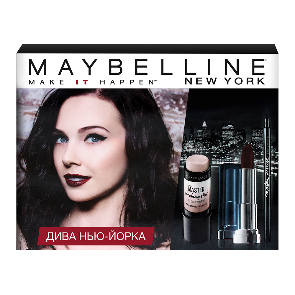 Maybelline New York Лимитированный набор Дива Нью Йорка: хайлайтер-стик Master Strobing 01, лайнер Master Precise черный, помада Color Sensational 978 от LizaonairYRU03858 Maybelline New York Лимитированный набор Дива Нью Йорка: хайлайтер-стик Master Strobing 01, лайнер Master Precise черный, помада Color Sensational 978 от LizaonairYRU03858Создай образ Дивы Нью-Йорка с эксклюзивной коробкой от Maybelline NY и Lizaonair. Выразительные широкие стрелки и насыщенные винные губы для сногсшибательного образа в три простых шага. Инструкция внутри. Эксклюзивно на Ozon. Предложение ограничено.Повтори образ:Шаг 1 : Нарисуй широкую фигурную стрелку лайнером Master Precise Шаг 2: Подчеркни скулы хайлайтером Master Strobing Шаг 3: Заверши образ помадой Color Sensational Матовое искушение в оттенке 978