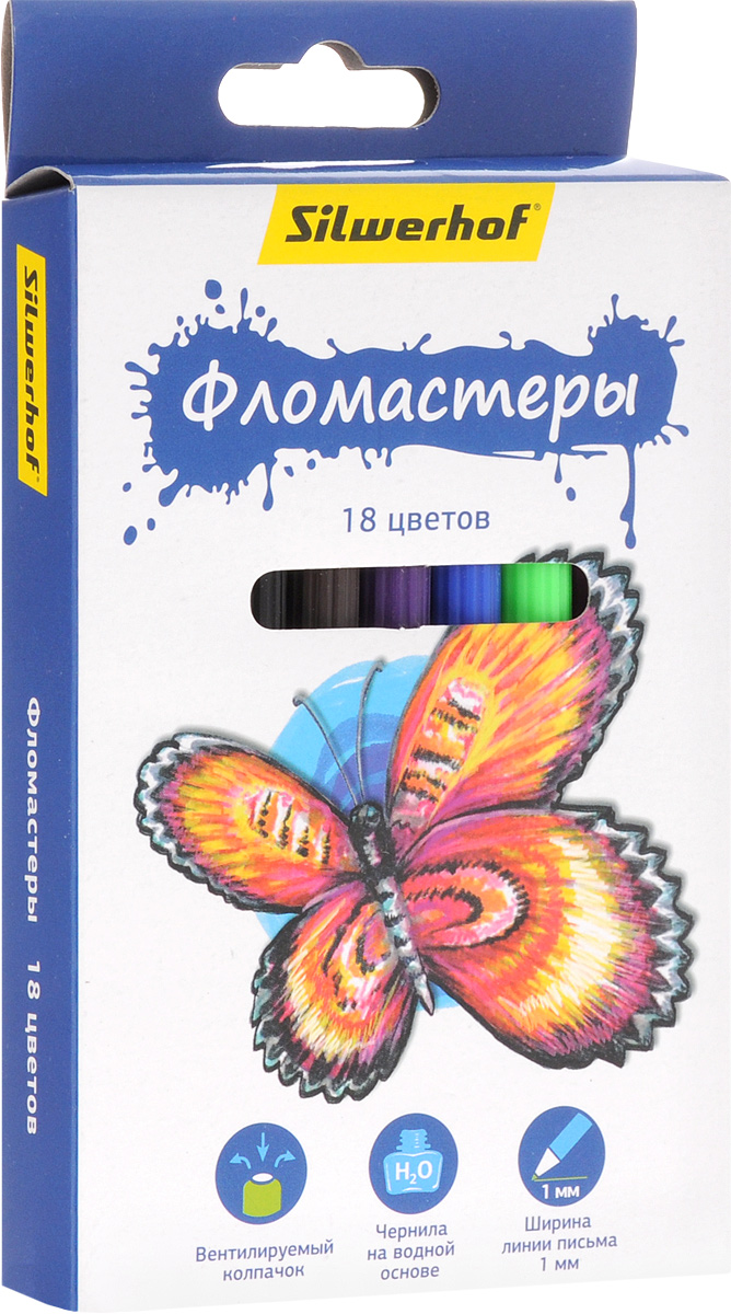Silwerhof Фломастеры Бабочки 18 цветов867200-18 Silwerhof Фломастеры Бабочки 18 цветов867200-18Набор Silwerhof Бабочки - это 18 фломастеров ярких насыщенных цветов в разноцветных пластиковых корпусах (цвет корпуса соответствует цвету чернил). Каждый фломастер оснащен плотным вентилируемым колпачком, защищающим чернила от испарения.Чернила изготовлены на водной основе. Легко отстирываются и смываются с рук.Фломастеры Silwerhof - идеальный инструмент для самовыражения и развития маленького художника!