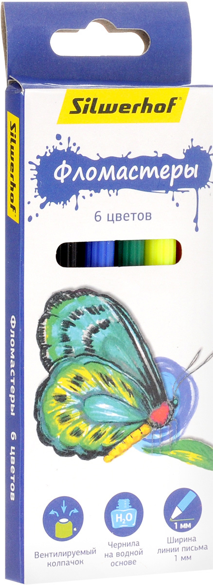 Silwerhof Фломастеры Бабочки 6 цветов867200-06 Silwerhof Фломастеры Бабочки 6 цветов867200-06Набор Silwerhof Бабочки содержит фломастеры 6 ярких насыщенных цветов. Корпус фломастеров изготовлен из полипропилена. Безопасные чернила на водной основе легко отстирываются и смываются. Маленький диаметр удобен для детских пальчиков. Фломастеры оснащены вентилируемыми колпачками. Ширина линии письма: 1 мм. Фломастеры Silwerhof откроют юным художникам новые горизонты для творчества, а также помогут отлично развить мелкую моторику рук, цветовое восприятие, фантазию и воображение, способствуют самовыражению.