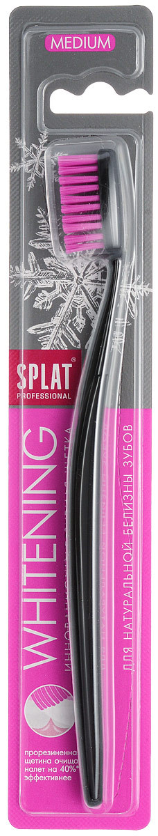 SPLAT WHITENING Medium / ОТБЕЛИВАЮЩАЯ Средняя1201-02-16 SPLAT WHITENING Medium / ОТБЕЛИВАЮЩАЯ Средняя1201-02-16Инновационная зубная щетка Splat Whitening направленного действия для естественного отбеливания зубов с щетиной средней жесткости: Щетинки с резиновым покрытием очищают поверхность зубов от налета на 40% эффективнее обычной щетины.Осветляют эмаль до натурального оттенка, эффективно удаляя налет от чая, кофе, вина, табака. Закругленные кончики безопасны для эмали и десен.Инновационная щетина, головка щетки и эргономичная ручка разработаны специально, чтобы превратить процедуру чистки зубов в приятное, полезное и удобное занятие.Цвет товара может меняться в зависимости от поставки. Характеристики:Материал: пластик, щетина. Длина щетки: 19 см. Производитель: Германия.Товар сертифицирован.