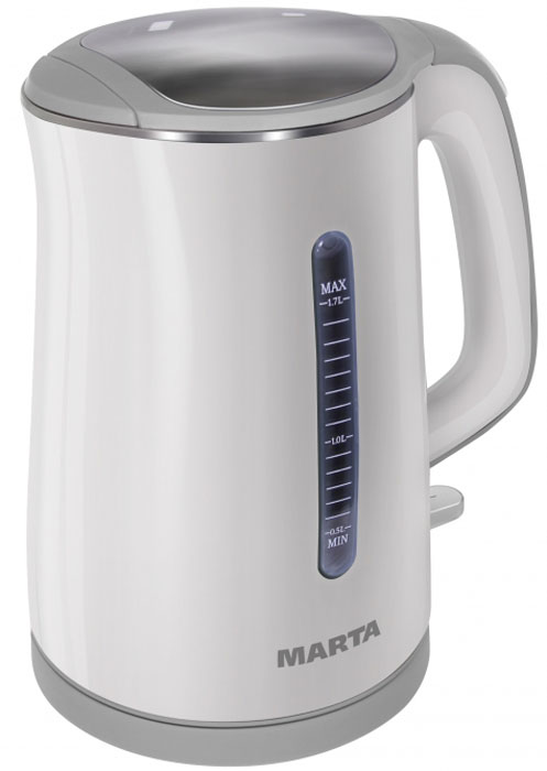 Marta MT-1065, White Grey электрочайникMT-1065 Marta MT-1065, White Grey электрочайникMT-1065Чайник Marta MT-1065 с внутренней колбой из пищевой нержавеющей стали и инновационной конструкцией корпуса. Благодаря двойным стенкам внешний корпус из термостойкого пластика всегда остается холодным, предохраняя от ожогов. Инновационная конструкция чайника обеспечивает высочайшие показатели его энергоэффективности, сохраняя воду горячей в течение длительного времени. Эффект термоса возникает благодаря внутренней колбе из пищевой нержавеющей стали и внешнему корпусу из термостойкого пластика, который, предохраняя от ожогов, всегда остается холодным.Плоское дно внутри чайника очень функционально - легко моется, противостоит накипи, не ржавеет, не коррозирует, а значит, обеспечивает максимально долгий срок службы чайника.Чайник можно снимать и ставить на базу с любой стороны без каких-либо усилий и риска обжечься.Автоматическое отключение при закипании или недостаточном количестве воды обезопасит чайник от преждевременного выхода из строя.