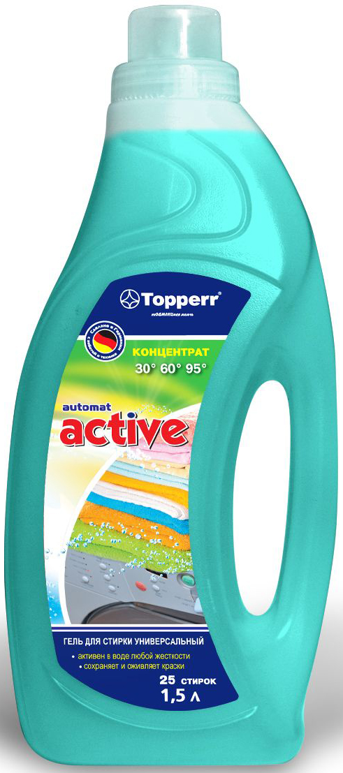Гель для стирки Topperr Active, универсальный, концентрат, 1,5 лA1414 Гель для стирки Topperr Active, универсальный, концентрат, 1,5 лA1414Гель для стирки Topperr Active - уникальное концентрированное моющее средство на гелевой основе. Концентрированный гель для стирки бельядемонстрирует высокую эффективность при стирке и бережный уход за тканью. Содержит специальные добавки, позволяющие устранять трудновыводимые пятна, желтизну и серость вещей. Придает белью мягкость и тонкий аромат свежести. Предотвращает образование накипи на внутренних частях стиральных машин. Не содержит фосфата и формальдегида. Активен в воде любой жесткости.Товар сертифицирован.