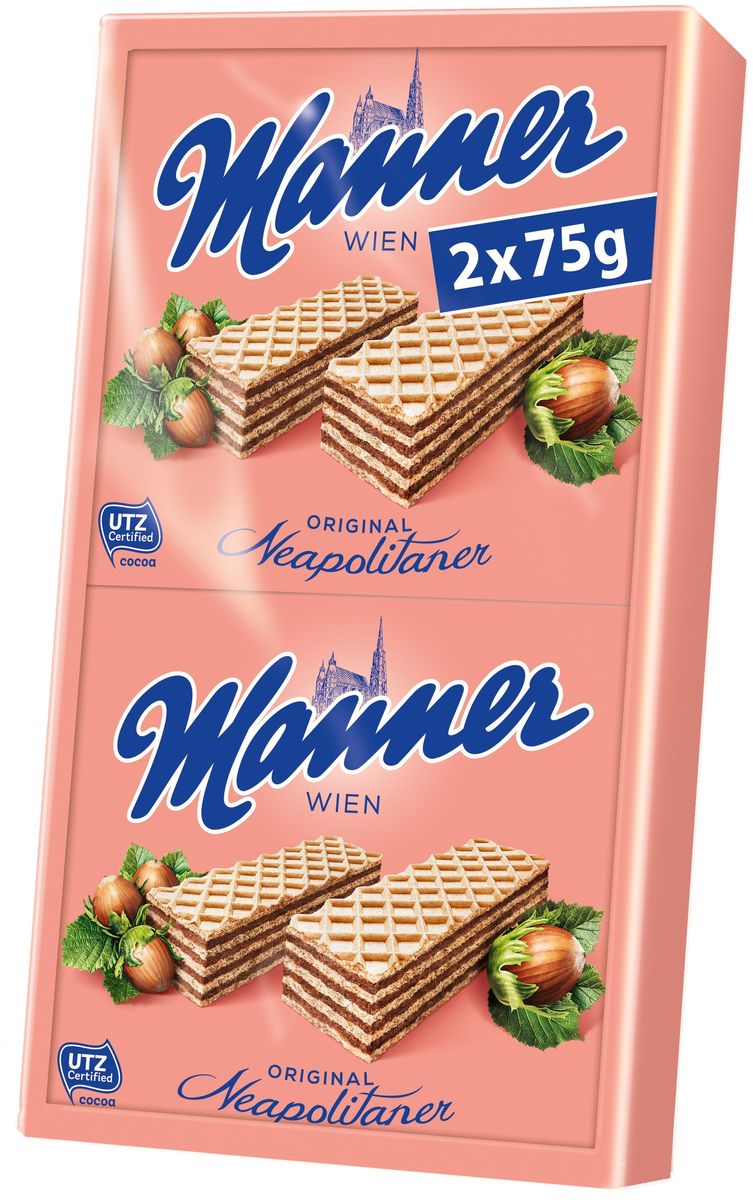 Manner вафли с ореховым кремом неаполитанер, 2 шт по 75 гидж001 Manner вафли с ореховым кремом неаполитанер, 2 шт по 75 гидж001Josef Manner and Comp - крупнейший в Австрии производитель вафель. Кондитерская продукция высшего качества. Вкус Вены - Собор Святого Стефана на упаковке - зарегистрированная торговая марка. Фирменный цвет компании розовый. Производится только в Австрии. Контроль процесса от выращивания какао бобов до шоколадной плитки. Оригинальные рецепты. Уникальный и узнаваемый вкус.