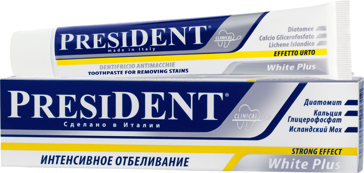 President Зубная паста Уайт+, 30 мл4310-0319 President Зубная паста Уайт+, 30 мл4310-0319Рекомендуется для интенсивного удаления налета при повышенном бляшко- и камнеобразовании на фоне курения, употребления чая, кофе, красного вина и ягод. Курс применения: 1 раз в неделю утром и вечером. RDA 200