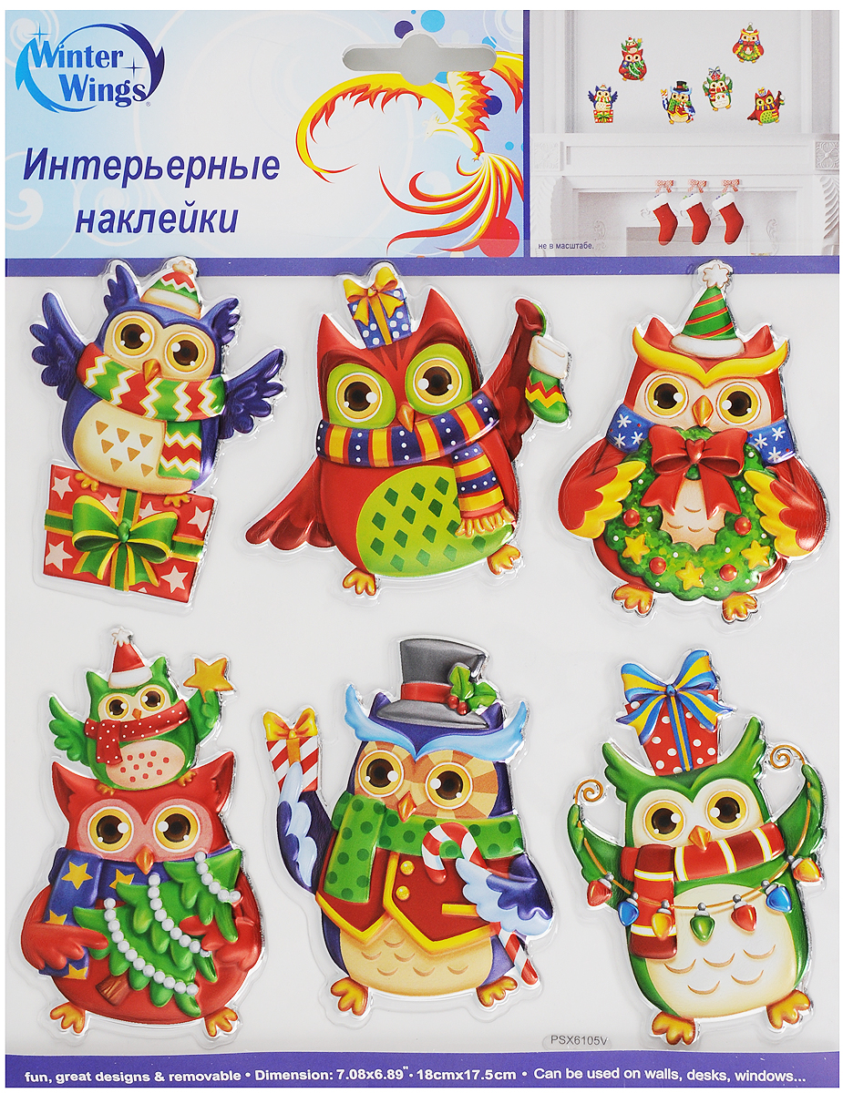 Украшение новогоднее оконное Winter Wings Совы, 6 штN09365 Украшение новогоднее оконное Winter Wings Совы, 6 штN09365Новогоднее оконное украшение Winter Wings Совы поможет украсить дом к предстоящим праздникам. Наклейки изготовлены из ПВХ.С помощью этих украшений вы сможете оживить интерьер по своему вкусу, наклеить их на окно, на зеркало или на дверь.Новогодние украшения всегда несут в себе волшебство и красоту праздника. Создайте в своем доме атмосферу тепла, веселья и радости, украшая его всей семьей. Размер листа: 17,5 х 18 см. Количество наклеек на листе: 6 шт.