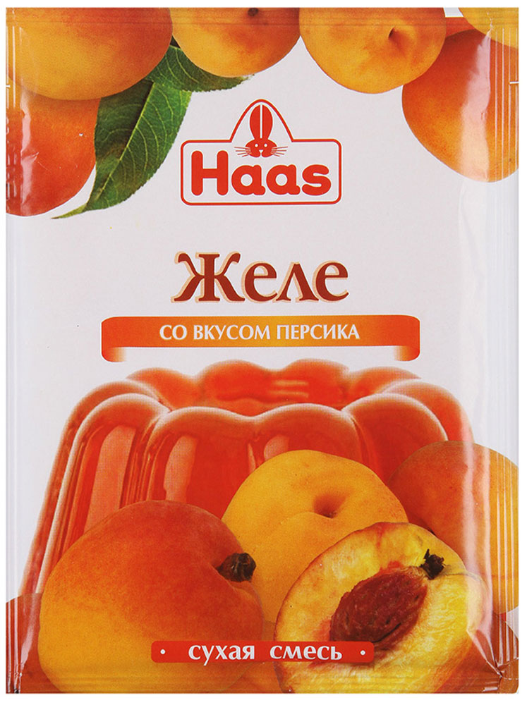 Haas желе десертное Персик, 50 г239022 Haas желе десертное Персик, 50 г239022Легкий фруктовый десерт. Способ приготовления:Вскипятить воду. Содержимое одного пакета засыпать в 250 мл кипяченой горячей воды и тщательно перемешать до полного растворения. Влить в подготовленные формы и поставить в холодильник до полного застывания (2,5-3 часа).Готовое желе можно порезать кубиками или другими фигурными кусочками, которые украсят любой домашний десерт и придадут оригинальность праздничной сервировке. Залейте остывшим желе ягоды или фрукты и украсьте взбитыми сливками Haas. Праздничный десерт готов!Уважаемые клиенты! Обращаем ваше внимание, что полный перечень состава продукта представлен на дополнительном изображении.