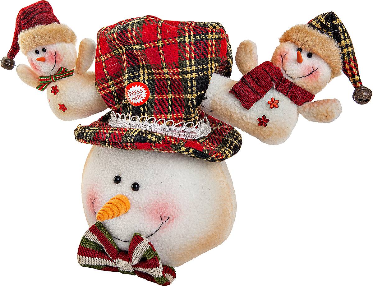 Игрушка новогодняя Mister Christmas Снеговик, электромеханическая, высота 30 смCHL-312SM Игрушка новогодняя Mister Christmas Снеговик, электромеханическая, высота 30 смCHL-312SMНовогодняя пляшущая и поющая игрушка Mister Christmas Снеговик послужит оригинальным подарком в преддверии Нового года.Внешний вид сувенира весьма незатейлив. Изделие выполнено в виде головы снеговика в шляпе, дополнением служат рога с фигурами снеговиков. При нажатии на эти рожки игрушка начинает двигаться в такт песни. Несмотря на столь ритмичные движения, механизм игрушки прослужит очень и очень долго. Все материалы, входящие в состав игрушки, прошли тщательные проверки и отличаются высочайшим качеством. Так же стоит отметить и то, что все материалы экологичны и безопасны. Работает от батареек (входят в комплект).Собираясь на празднование Нового года, прихватите с собой новогоднюю музыкальную игрушку Mister Christmas Снеговик, ведь это подарок, который говорит сам за себя!Высота игрушки: 30 см.