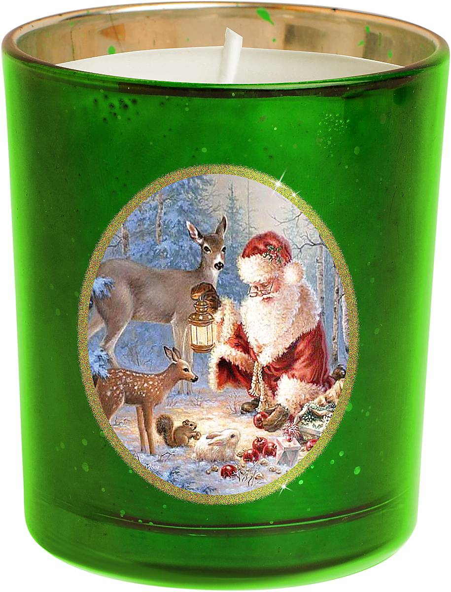 Свеча новогодняя Mister Christmas Зимняя сказка, цвет: зеленый, золотистый, высота 8 смKG-G1 Свеча новогодняя Mister Christmas Зимняя сказка, цвет: зеленый, золотистый, высота 8 смKG-G1На первый взгляд может показаться, что свеча - уже довольно банальный подарок на Новый год. Но свечи тоже бывают разные. Декоративная свеча Mister Christmas Зимняя сказка выполнена из качественного воска, она помещена в подсвечник в виде стакана. Подсвечник изготовлен из прочного толстого стекла, а на стенку нанесен рисунок - новогодний сюжет: Дед Мороз в компании со своими оленями готовится к празднику в заснеженном лесу. Рисунок выполнен качественными стойкими красками. Каждая линия, каждая черточка - все это сделано вручную. Такая свеча атмосферно украсит праздничный стол дома или рабочее место в офисе.