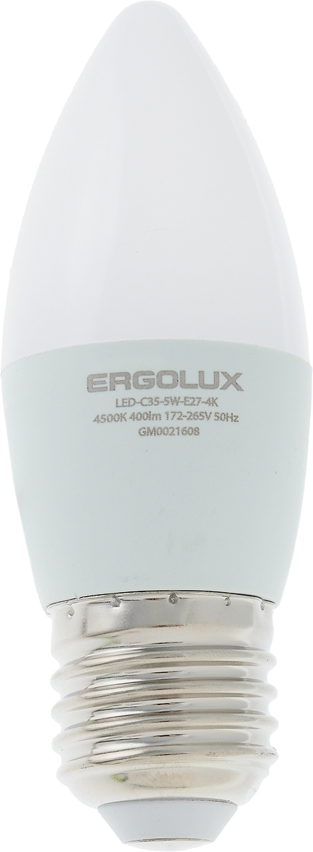 Лампа светодиодная Ergolux LED-C35-5W-E27-4K, холодный свет, цоколь Е27, 5 Вт12414 Лампа светодиодная Ergolux LED-C35-5W-E27-4K, холодный свет, цоколь Е27, 5 Вт12414Лампа светодиодная Ergolux - новое решение в светотехнике. Светодиодная лампа экономит до 90% электроэнергии благодаря низкой потребляемой мощности. Лампа не содержит ртути и других вредных веществ, экологически безопасна и не требует утилизации. Срок службы в 2,5-3 раза дольше энергосберегающей лампы и в 30 раз дольше лампы накаливания. Обладает высокой ударопрочностью благодаря корпусу из пластика и металла. Мгновенно включается, не мерцает во время работы. Светодиодные лампы идеально подходят для основного и акцентного освещения интерьеров, витрин, декоративной подсветки. Кроме того, они создают уютную атмосферу и позволяют экономить электроэнергию уже с первого дня использования. Тип: Candle C35. Эффективность: 80 лм/Вт. Напряжение: 172-265 В. Индекс цветопередачи (Ra): 77+.Угол светового пучка: 220°. Использовать при температуре: от -30° до +40°С.Коэффициент пульсации: <5%.