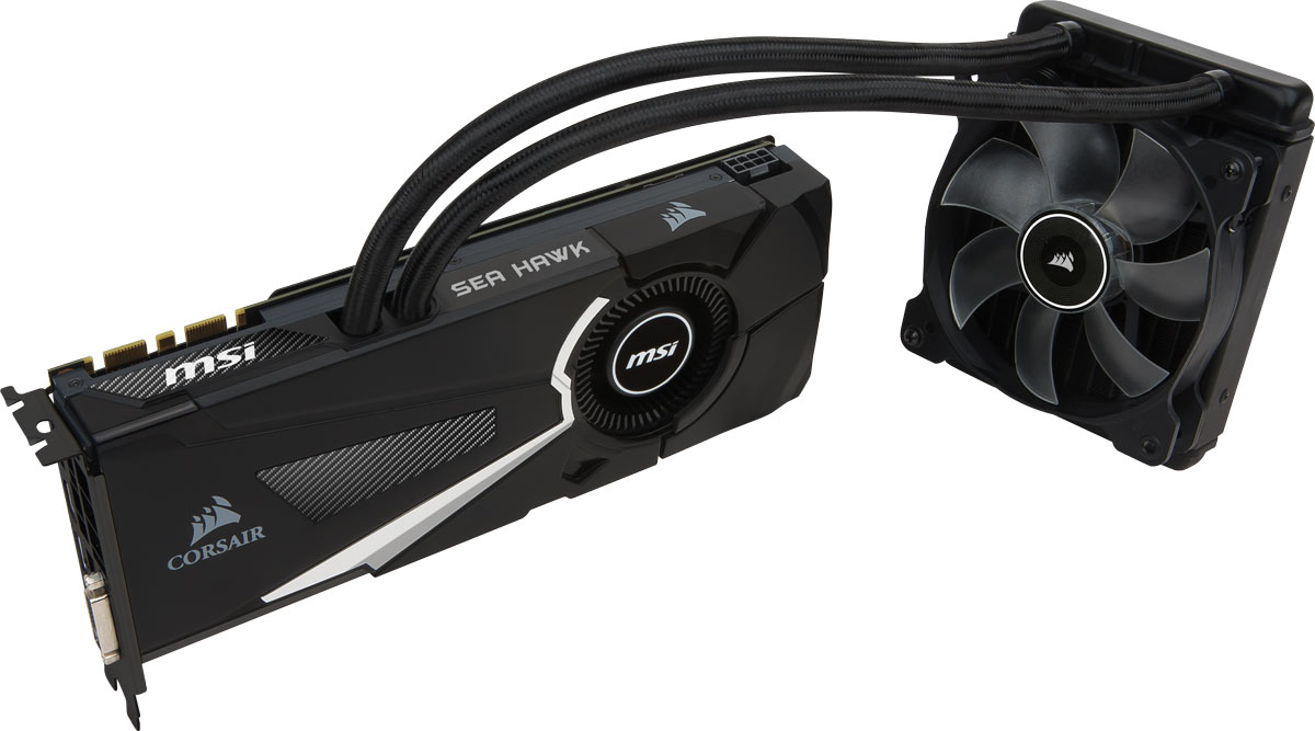 MSI GeForce GTX 1080 Sea Hawk X 8GB видеокартаGTX 1080 SEA HAWK X MSI GeForce GTX 1080 Sea Hawk X 8GB видеокартаGTX 1080 SEA HAWK XMSI GeForce GTX 1080 Sea Hawk X демонстрирует наивысшую производительность и поддерживает передовые технологии NVIDIA GameWorks и GeForce Experience в самых современных компьютерных играх.Видеокарта GTX 1080 на основе графического ядра Pascal демонстрирует высочайшую производительность и энергоэффективность, а такие особенности как, ультра-быстрые транзисторы FinFET и поддержка DirectX 12, способствуют плавному геймплею и высокой скорости в играх.Ядро Pascal разработано специально для работы с дисплеями следующего поколения, включая решения для виртуальной реальности, ультра-высокое разрешение и подключение нескольких мониторов. Технологии NVIDIA GameWorks обеспечивают максимально плавный геймплей и кинематографическое качество. Кроме этого, становится возможным осуществлять захват видео с революционно новыми возможностями - углом обзора 360 градусов.Откройте для себя новое поколение виртуальной реальности, минимальные задержки и plug-and-play совместимость с самыми популярными гарнитурами. Все это становится возможным благодаря технологиям NVIDIA VRWorks. Виртуальный звук, физика и ощущения позволят вам слышать и чувствовать каждый момент.Графическая карта MSI GeForce GTX 1080 Sea Hawk X - это результат революционного сотрудничества компаний MSI и Corsair. На видеокарте, являющуюся верхом инженерного мастерства, установлена известная система охлаждения серии Corsair Hydro. В результате этого получилась одна из самых холодных и определенно самая тихая графическая карта на рынке - GeForce GTX 1080.MSI GeForce GTX 1080 Sea Hawk X оснащена жидкостным охлаждением графического процессора и воздушным для памяти и VRM. Медное основание с микро-ребрами охлаждения эффективно переносит тепло к высокоскоростному циркуляционному насосу.Большой бесшумный вентилятор с изменяемой скоростью вращения в зависимости от температуры GPU обеспечивает тихую работу.Низкопрофильный, легкий в установке, черный, алюминиевый радиатор не только снижает требования к воздушному потоку, но и отлично выглядитСистема охлаждения с замкнутым контуром не требующая сборки и дополнительного обслуживания.Создайте подходящую атмосферу, благодаря крутым световым эффектам. Логотип MSI, подсвечиваемый светодиодной подсветкой с возможностью управления при помощи эксклюзивного приложения MSI Gaming App, добавит хорошего настроения.Мощная видеокарта требует мощного основания. Графическая карта MSI GeForce GTX 1080 Sea Hawk X оснащается мощной металлической пластиной бэкплейт, что добавляет видеокарте жесткости. Матовый цвет пластины прекрасно сочетается с дизайном видеокарты.MSI Gaming App позволяет одним кликом выбрать нужный профиль производительности для получения дополнительной мощности в играх, или тихой работы при небольших нагрузках. Приложение также имеет специальную вкладку EyeRest, позволяющую получить доступ к настройкам, улучшающим качество изображения. Вкладка LED control позволяет управлять светодиодными индикаторами MSI GAMING LED.MSI Afterburner - это самое популярное приложение в мире для разгона графических карт, которое позволяет получить полный контроль над видеокартой. Утилита также позволяет получать исчерпывающую информацию об аппаратной части вашего ПК, производить настройку работы вентиляторов, осуществлять запись видео и выполнять тестирование.