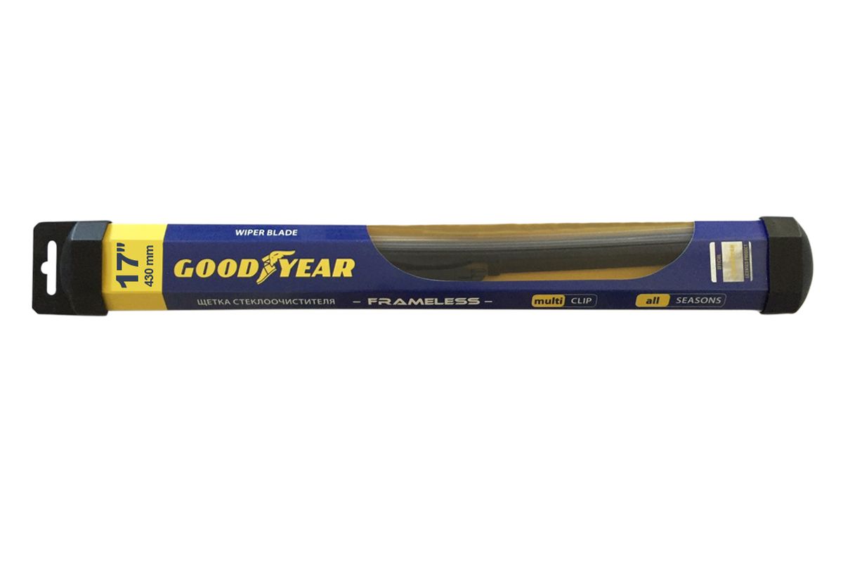 Щетка стеклоочистителя Goodyear Frameless, бескаркасная, с системой MultiClip, длина 43 см, 1 штGY000417 Щетка стеклоочистителя Goodyear Frameless, бескаркасная, с системой MultiClip, длина 43 см, 1 штGY000417Уникальная бескаркасная щетка стеклоочистителя Goodyear Frameless с системой крепления MultiClip подходит для 95% автомобилей Российского автопарка без использования переходников. Благодаря MultiСlip установка становится легкой и доступной даже для ребенка. Морозостойкий аэродинамический спойлер обеспечивает плотное прилегание лезвия к стеклу и качественную очистку даже при высокой скорости.Каркас щетки усилен дополнительными направляющими из нержавеющей стали, которые фиксируют резинку и обеспечивают хорошую прижимную силу.Щетки имеют резиновое лезвие самого высокого класса Triple A, что гарантирует непревзойденный результат очистки стекол и долговечность их использования. Благодаря качественному резиновому лезвию щетки сохраняют превосходные чистящие свойства как в мороз (до -40°С), так и в жару (до +70°С). Прекрасно выполняют свои функции, не оставляя полос и разводов.Особенности: • Система крепления MultiClip - простая установка без дополнительных креплений• Применимость до 95% автомобилей Российского автопарка• Морозостойкий аэродинамический спойлер• Дополнительные направляющие из нержавеющей стали• Резиновое лезвие класса Triple A • Всесезонность• Антивандальная упаковка• Защита от подделки