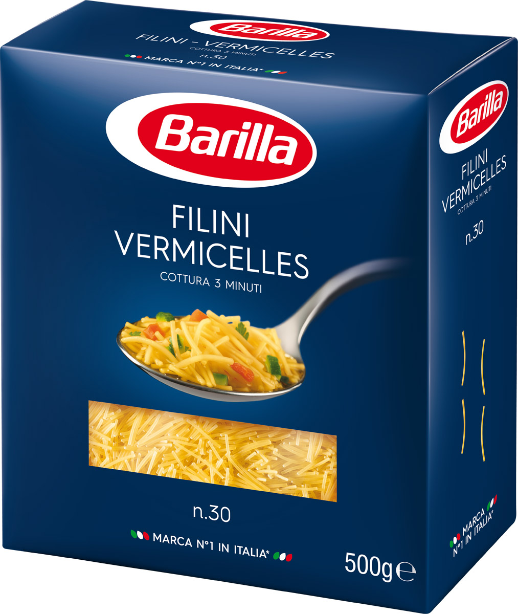 Barilla Filini филини паста, 500 г8076808050303 Barilla Filini филини паста, 500 г8076808050303Филини Barilla порадуют поклонников легкой пасты. Сделанная в форме тонких коротких нитей, она прекрасно подходит для супов.Филини Вермичелле Barilla представляют собой тонкие ниточки теста. За счет своего размера, филини готовятся очень быстро.Вам нравится готовить оригинальные и необычные блюда? В таком случае филини Barilla созданы специально для вас! Попробуйте их в крем-супе из шпината. Добавьте в него также кусочки предварительно отваренной курицы, обжаренные лук и сельдерей. Наслаждайтесь богатством вкусов этого простого, но оригинального блюда!Уважаемые клиенты! Обращаем ваше внимание на то, что упаковка может иметь несколько видов дизайна. Поставка осуществляется в зависимости от наличия на складе.