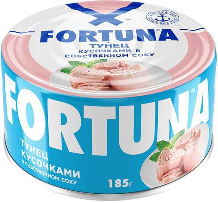 Fortuna тунец кусочками в собственном соку, 185 г26120 Fortuna тунец кусочками в собственном соку, 185 г26120Крупные сочные кусочки филе тунца в собственном соку с нежным изысканным вкусом.
