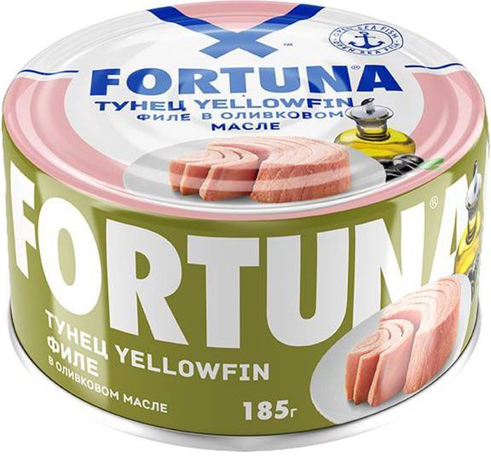 Fortuna тунец филе Yellowfin в оливковом масле, 185 г26130 Fortuna тунец филе Yellowfin в оливковом масле, 185 г26130Плотное мясо нежно-розового цвета в натуральном оливковом масле. Вкусное, легкое и полезное диетическое блюдо, богатое белками, витамином D, жирными кислотами Омега-3, селеном, калием и натрием.