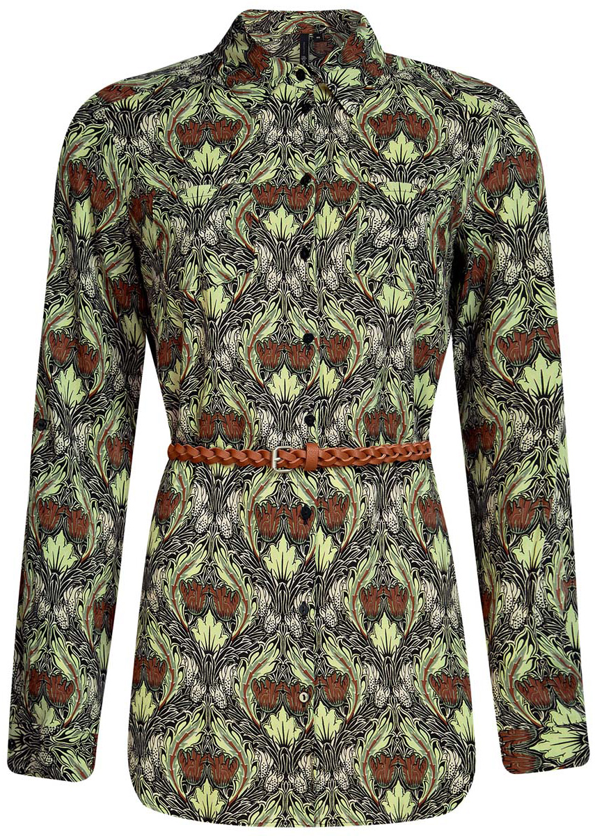 Блузка женская oodji Collection, цвет: черный, светло-зеленый. 21412057-4/24681/2960E. Размер 36 (42-170)21412057-4/24681/2960E Блузка женская oodji Collection, цвет: черный, светло-зеленый. 21412057-4/24681/2960E. Размер 36 (42-170)21412057-4/24681/2960EСтильная женская рубашка oodji Collection выполнена из качественной вискозы. Модель с отложным воротником и длинными рукавами застегивается на пуговицы по всей длине. Рубашка удлиненной модели дополнена стильным ремешком из искусственной кожи и двумя накладными карманами спереди. Манжеты рукавов оснащены застежками-пуговицами, а также их можно сделать покороче с помощью внутреннего хлястика на пуговице. Модель оформлена контрастным принтом с узорами. Рукава дополнены манжетами с кнопками.