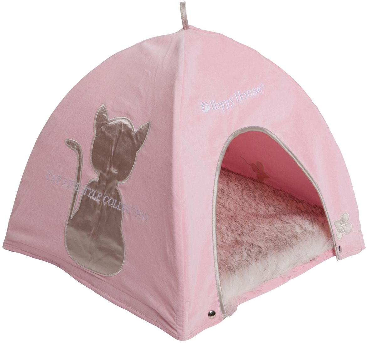 Домик для кошек Happy House Cat Lifestyle, цвет: розовый, 41 х 41 х 39 см8418-1 Домик для кошек Happy House Cat Lifestyle, цвет: розовый, 41 х 41 х 39 см8418-1Домик Happy House Cat Lifestyle обязательно понравится вашему питомцу. Изделие выполнено из полиэстера в виде палатки. Домик очень удобный и уютный, с маленьким проемом, куда ваш любимец обязательно захочет забраться. Верх мягкой съемной подстилки выполнен из искусственного меха. Встроенный гибкий каркас позволяет просто собирать и разбирать домик, облегчая транспортировку и хранение. Домик крепится к подстилке при помощи липучек и кнопок.Компактные размеры позволят поместить изделие, где угодно и станет оригинальным дополнением любого интерьера. Домик оснащен петлей, за которую его можно подвесить.
