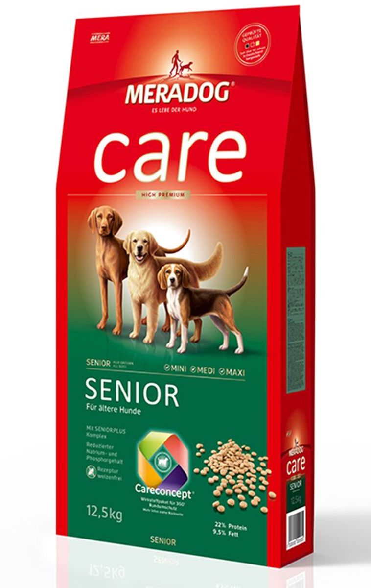 Корм сухой Meradog Senior, для стареющих собак, 300 г51976 Корм сухой Meradog Senior, для стареющих собак, 300 г51976Концепция защиты от MERADOG:антиоксиданты (витамин C, Е, бета-каротин и селен) для оптимальной защиты клеток. Натуральные жирные кислоты Омега-3 и Омега-6 (масло лосося, подсолнечное масло и масло льняных семян), а также хелат цинка для кожи и шерсти. Пребиотический инулин для стабильной кишечной флоры и надежного пищеварения. Формула «Запах, стоп!» - комплекс биологически активных веществ для уменьшения неприятного запаха от собаки. L-карнитин способствует жировому и энергетическому обмену. Источники высококачественного белка (птица, яйца, рыба) для поддержания оптимального телосложения и жизнеспособности.