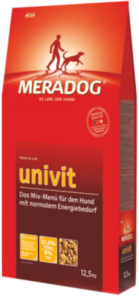 Корм сухой Meradog Univit, микс-меню для собак с нормальной активностью, 4 кг52234 Корм сухой Meradog Univit, микс-меню для собак с нормальной активностью, 4 кг52234Миллионы собак по всему миру благодарят своих хозяев за любовь, заботу и Meradog.Аппетитное мясное или рыбное филе с отборным рисом, кукурузой или картофелем, ароматные морепродукты, приготовленные особым способом в сочетании с натуральными овощами - в этот вкус невозможно не влюбиться.Ведущий ветеринарный врач завода Mera - доктор Стефан Мандель смог разработать идеальную формулу здоровья для вашего члена семьи - Meradog.Всем известно, что немецкие корма обладают не только безупречным качеством, но и идеальным вкусом. А все это благодаря:- высокому проценту мяса,- комплексу необходимых витаминов,- колоструму, обеспечивающего иммунную защиту,- оптимальному полнорационному составу.Сделайте счастливым вашего питомца, просто - подарите ему Meradog.Особенности: 1) 21,5% протеина и 9% жира,2) Содержатся биотин и пивные дрожжи.Состав: кукуруза, пшеница, мука из мяса птицы (курица - 19%), кукурузная глютеновая мука, свекловичная стружка (обессахаренная), рис, животный жир, горох (сухой), мясная мука, животный белок (гидролизованный), масло льняных семян (1%), пивные дрожжи (0,5 %, сухие), хлорид натрия, карбонат кальция, монофосфат кальция, подсолнечное масло (0,2%).Товар сертифицирован.