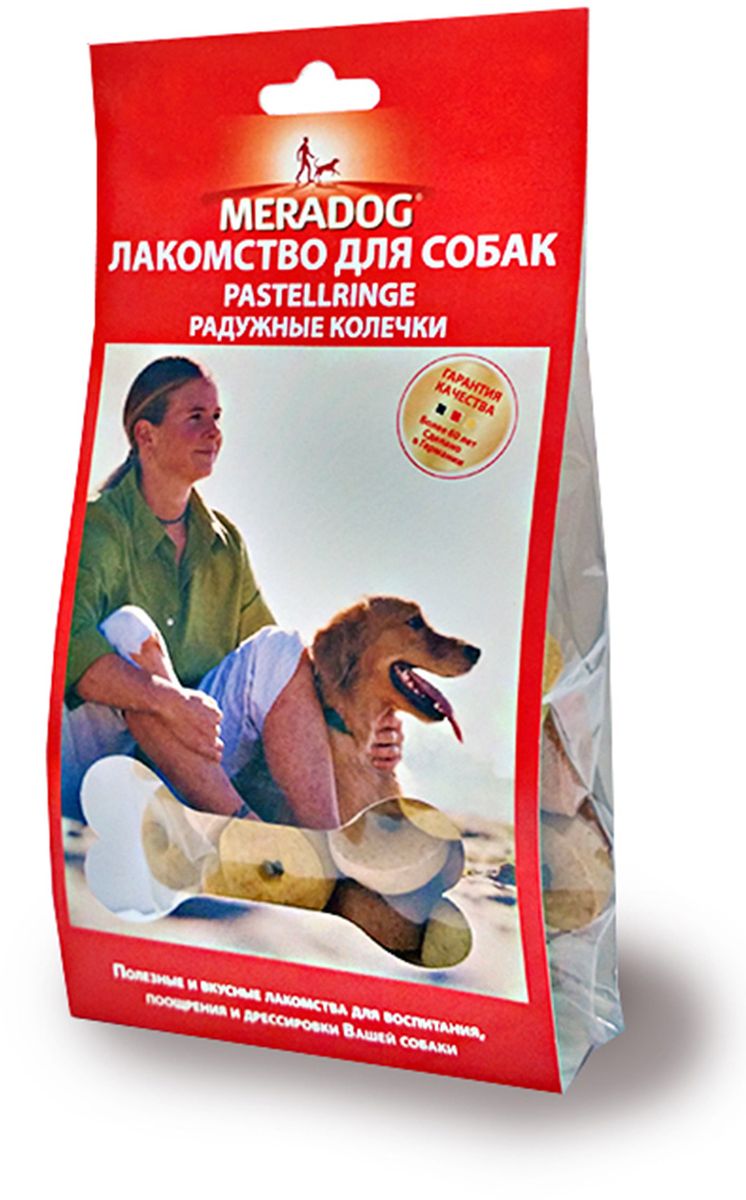 Лакомство для собак Meradog Pastellringe, радужные колечки, 150 г942710 Лакомство для собак Meradog Pastellringe, радужные колечки, 150 г942710Лакомства Meradog - это восхитительное хрустящее печенье, которое не оставит равнодушным ни одну собаку. Лакомства Meradog всегда помогут сделать вашего питомца счастливым, а особый вкус и аромат обязательно доставят ему море удовольствия, и он попросит еще. Лакомства идеально подойдут в качестве угощения и для дрессировки. Воспитание и дрессировка с вкусняшками Meradog приведут вас к цели быстрее, чем вы думаете.Лакомства для собак Meradog - это:- Полезные добавки к основному питанию.- Витамины и минералы, способствующие восстановлению баланса питательных веществ и укреплению здоровья собаки.- Отличная профилактика образования зубного камня и заболеваний полости рта.Побалуйте свою собаку - подарите ей заботу с Meradog. Состав: злаки, масла и жиры, мясо и мясные субпродукты, овощные субпродукты, минералы.Товар сертифицирован.