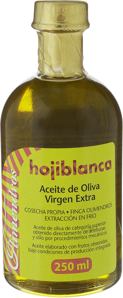 Olimendros Оливковое масло Extra Virgin Охибланка, 250 мл8437004822772 Olimendros Оливковое масло Extra Virgin Охибланка, 250 мл8437004822772Оливковое масло Olimendros Extra Virgin. Охибланка - нефильтрованное оливковое масло первого холодного отжима кислотностью 0,11%, которая является лечебной по испанским законам. У масла аромат свежескошенной травы, зеленого яблока и орехов. Фермерский продукт из региона Мурсия (Испания). Плантации расположены на высоте 600 метров над уровнем моря. От сбора урожая до производства масла проходит всего несколько часов: маслодельня находится в центре усадьбы, площадь которой 500 Га. Масло производится под контролем качества региона Мурсия.