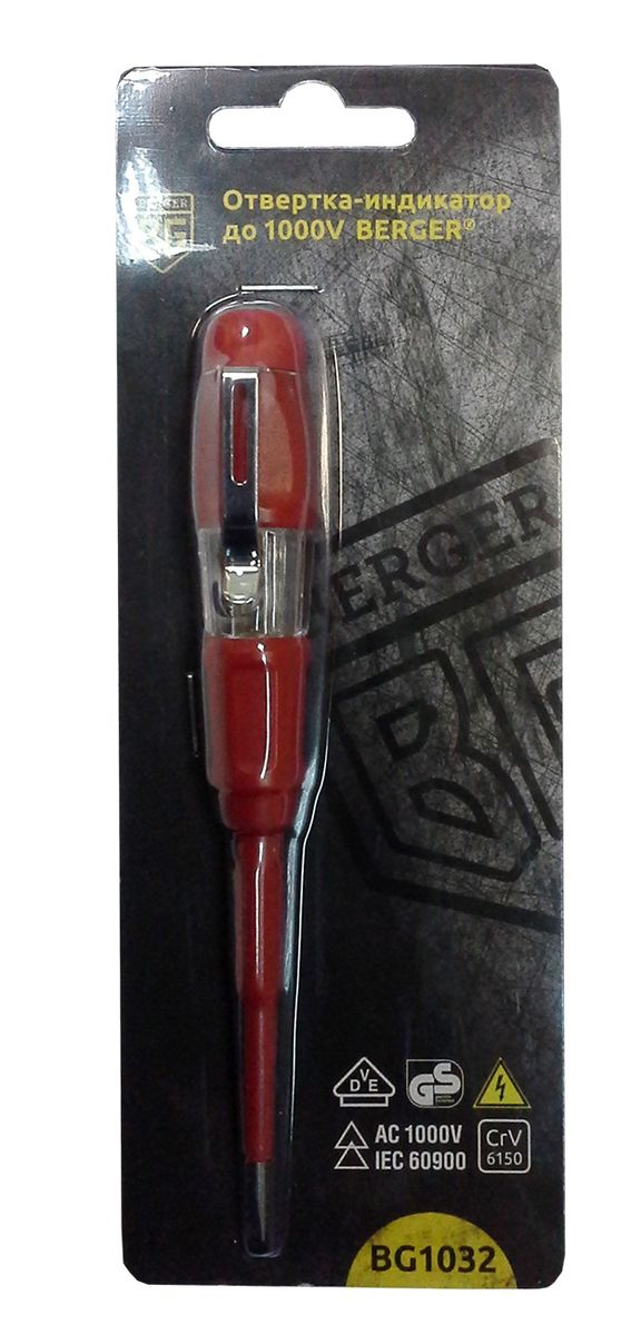 Отвертка-индикатор Berger. BG1032BG1032 Отвертка-индикатор Berger. BG1032BG1032Отвертка-индикатор Berger используется при проведении электромонтажных и других работ с напряжением. Индикатор является отличным помощником при электромонтажных работах, когда необходимо проверить, находится ли провод под напряжением. Это гарантирует безопасность работы с электросетью. Отвертка выдерживает напряжение до 1000В.