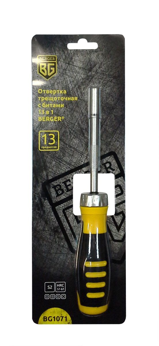 Набор отверток трещоточных Berger 13 в 1, с битами, 13 предметов. BG1071BG1071 Набор отверток трещоточных Berger 13 в 1, с битами, 13 предметов. BG1071BG1071Набор инструментов Berger изготовлен из высококачественной стали. Пластиковая ручка отвертки имеет резиновую вставку.В наборе:- 1 трещоточная отвертка,12 бит: PH1; PH2; PH3; SL4; SL5; SL6; Н3; Н4; Н5; Т8.