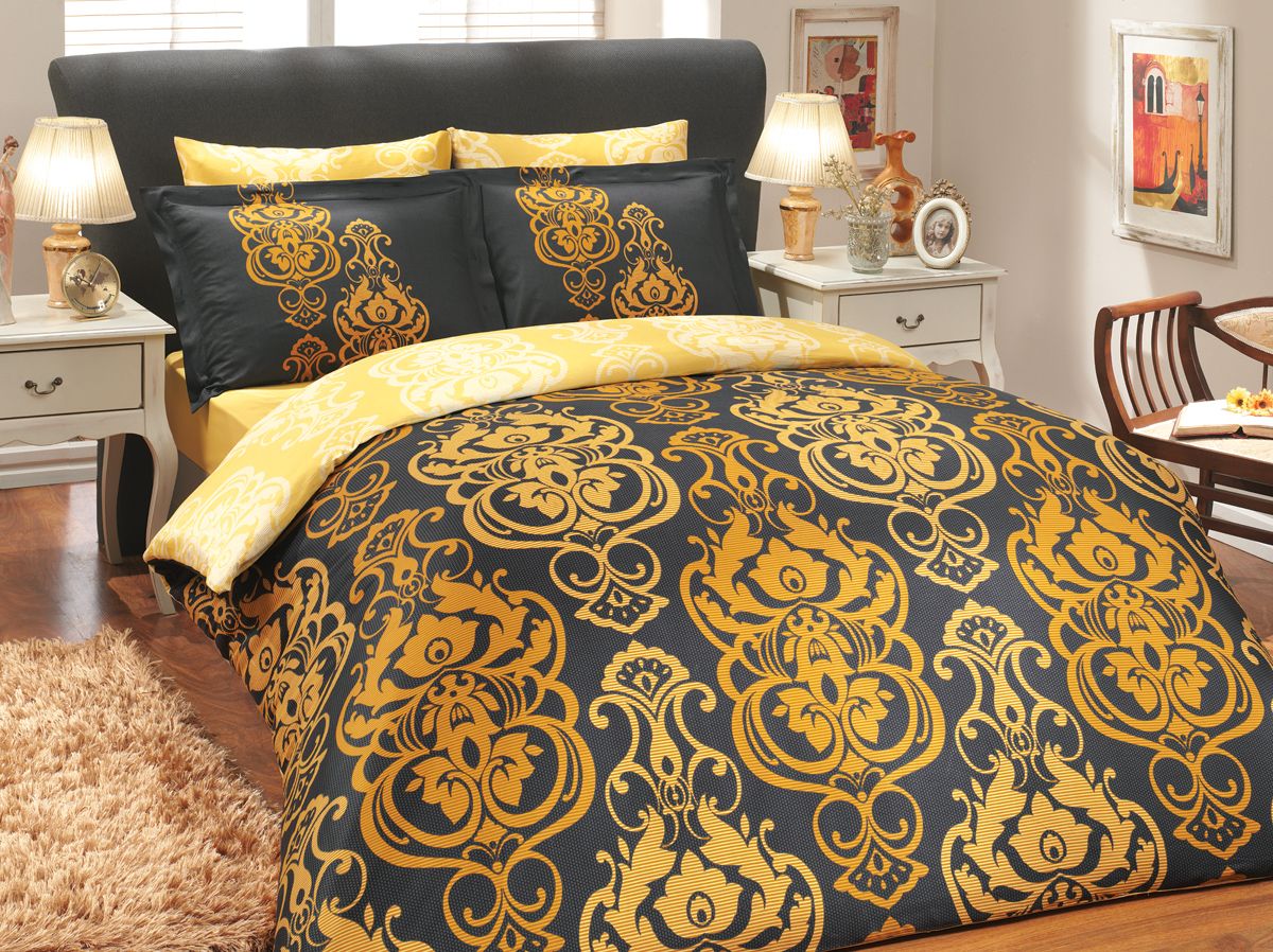 Комплект белья Hobby Home Collection Monart, семейный, наволочки 50x70, 70x70, цвет: золото1501000318 Комплект белья Hobby Home Collection Monart, семейный, наволочки 50x70, 70x70, цвет: золото1501000318Комплект постельного белья Hobby Home Collection изготовлен из высококачественного сатина (100% натурального хлопка путем сложного переплетения нескольких видов нитей). Ткань отличается хорошей способностью пропускать воздух и прекрасно впитывать влагу, благодаря чему подойдет людям, которые не переносят синтетическую ткань и прочие материалы, смешанные с синтетикой. Белье практически не мнется. Достоинства сатина: - он невероятно приятен на ощупь — гладкий, мягкий, нежный и необычайно плотный; - внешне, своим легким блеском, он напоминает дорогостоящий шелк, но по цене значительно ниже; - несмотря на мягкость, сатин прочен и долговечен благодаря особому переплетению нитей (по долговечности сатину нет равных); - ткань из натуральных хлопковых нитей обеспечивает абсолютную гигиеничность и гипоаллергенность; - применение современных технологий при нанесении принта гарантирует высокую цветоустойчивость и возможность создавать разнообразный дизайн. Белье становится ярким, стильным, оригинальным акцентом в вашей спальной комнате. Постельное белье из сатина поражает своей красотой и изяществом, создавая неповторимый интерьер в вашей спальне.