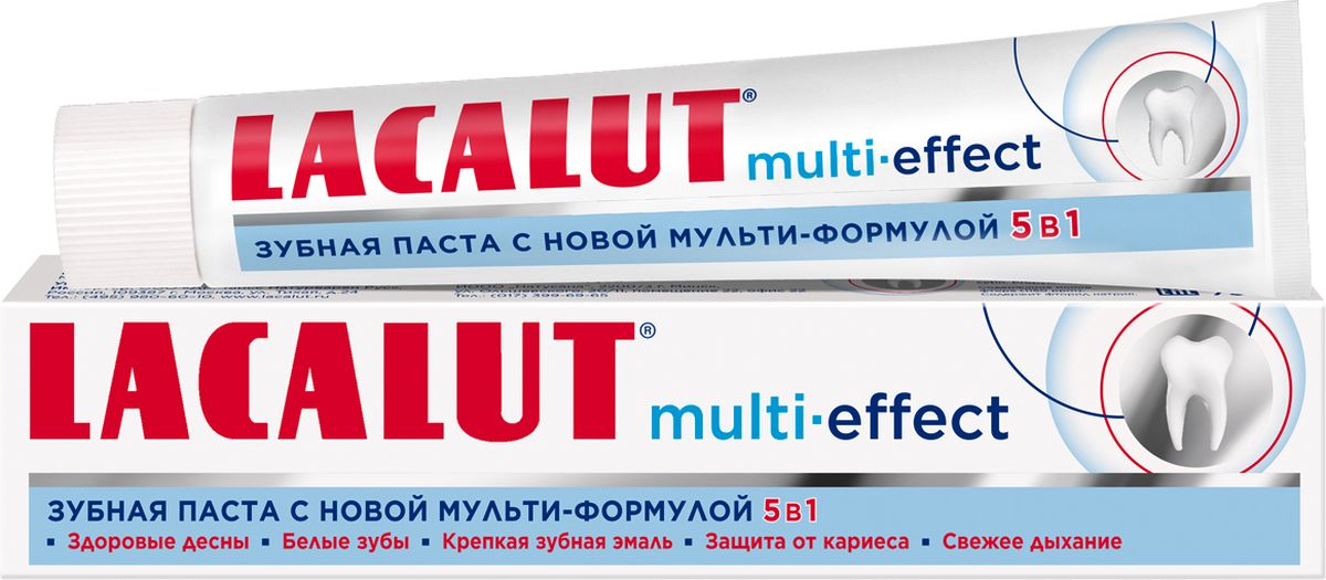 Lacalut Зубная паста Мульти эффект, 75мл1598092950 Lacalut Зубная паста Мульти эффект, 75мл1598092950Зубная паста Lacalut Multi-effect, 75мл.Lacalut Multi-effect - новая зубная паста с мульти-формулой 5 в 1 для всестороннего ухода за полостью рта. Благодаря уникальному составу она: - Восстанавливает зубную эмаль.- Защищает от кариеса.- Укрепляет дёсны.- Уменьшает окрашивание зубов.- Освежает дыхание.Благодаря новейшей мульти-формуле 5 в 1 Lacalut Multi-effect станет незаменимой пастой для всей семьи. При использовании новинки Вы получаете крепкую зубную эмаль, здоровые дёсны, свежее дыхание, белоснежную улыбку, защиту от кариеса. Одна паста - пять эффектов!