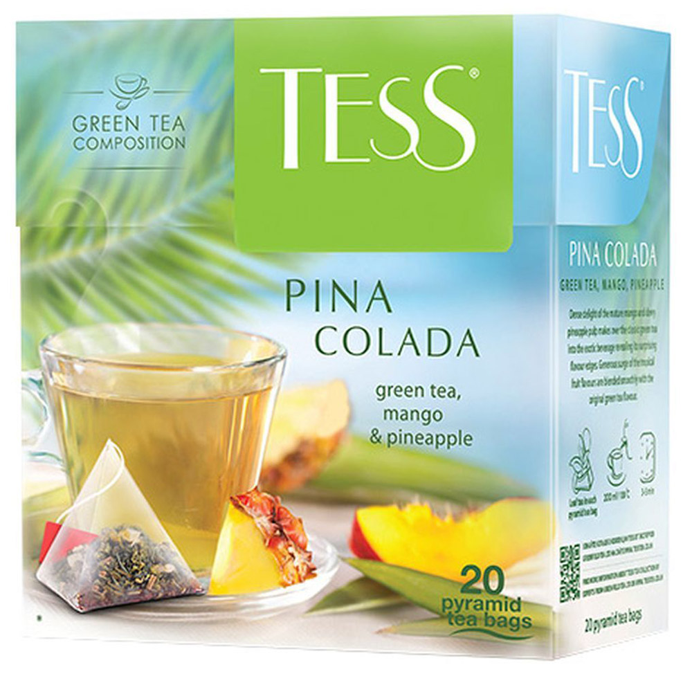 Tess Pina Colada ароматизированный чай в пакетиках, 20 шт0787-12 Tess Pina Colada ароматизированный чай в пакетиках, 20 шт0787-12Плотная сладость спелого манго и свежая сочность ананаса превращают классический зеленый чай в экзотический напиток, открывая в нем неожиданные грани вкуса. Щедрая волна ароматов тропических фруктов гармонично сочетается со вкусом зеленого чая.