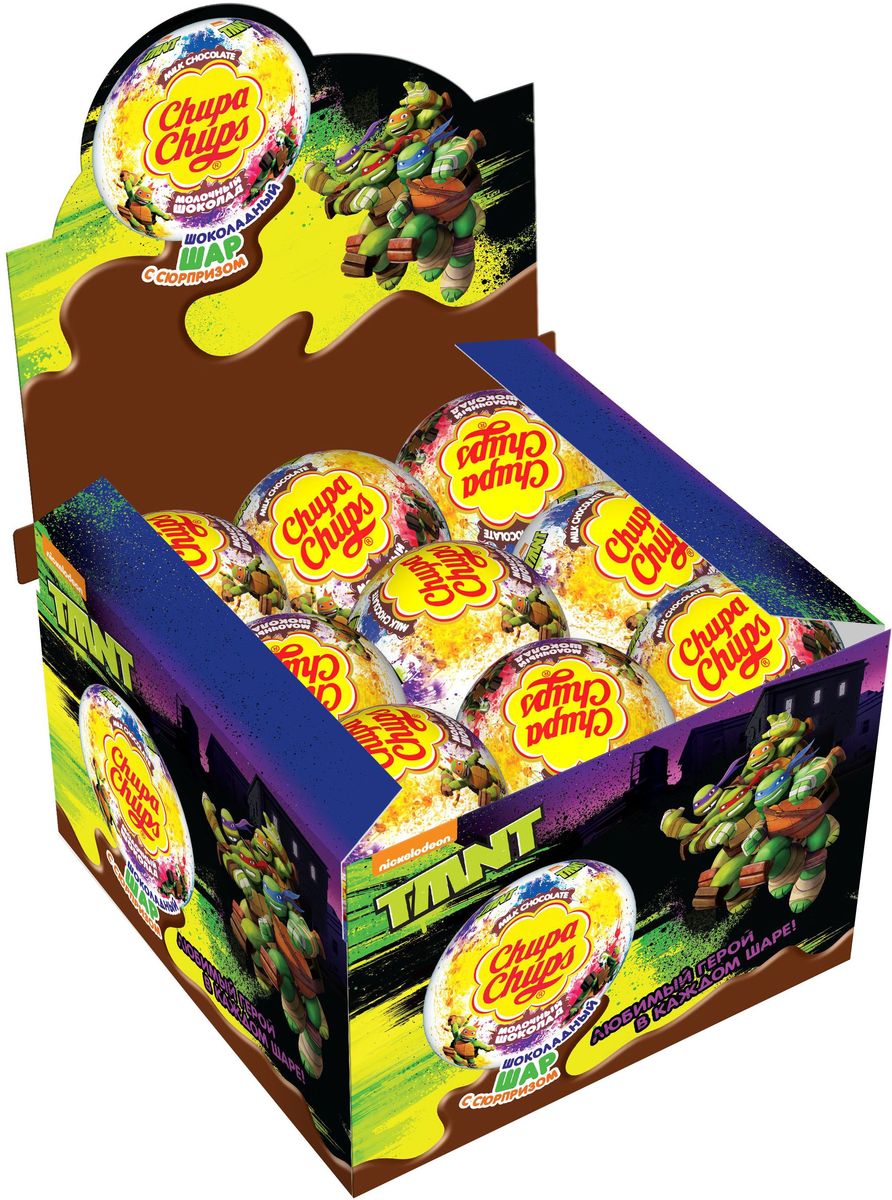 Chupa Chups Черепашки-ниндзя молочный шоколад, 18 штук по 20 г8253027 Chupa Chups Черепашки-ниндзя молочный шоколад, 18 штук по 20 г8253027Внутри каждого шоколадного шара Chupa Chups вы найдете новую игрушку, а снаружи - именно такой шоколад, как вы любите. Какая игрушка попадется в этот раз??? Соберите всю коллекцию и обменивайтесь с друзьями!
