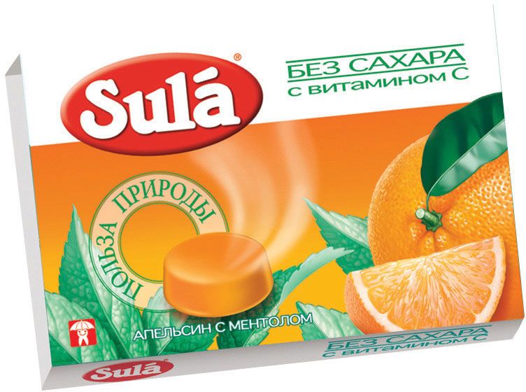 Sula Апельсин с ментолом леденцы, 18 г8250573 Sula Апельсин с ментолом леденцы, 18 г8250573Апельсиновое масло в составе леденцов повышает сопротивляемость организма к инфекциям, а ментол облегчает дыхание.