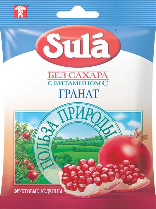 Sula Гранат фруктовые леденцы, 60 г8250833 Sula Гранат фруктовые леденцы, 60 г8250833Гранат богат аскорбиновой кислотой, другими фруктовыми кислотами, фруктозой и танинами, тонизирует и укрепляет организм, помогает при диабете.